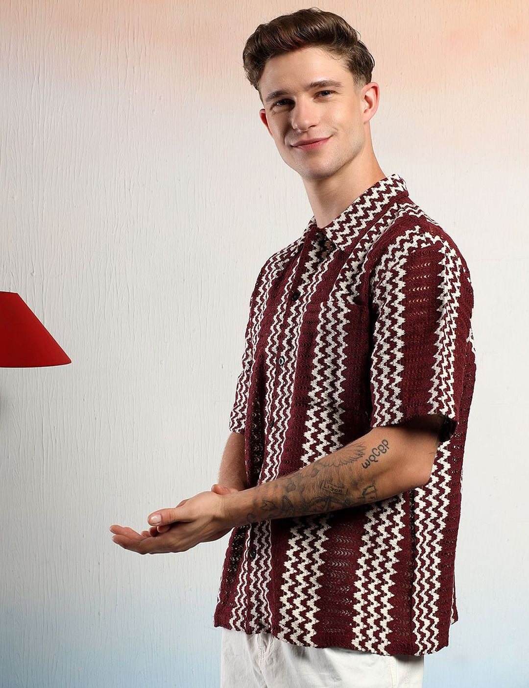 Kotty Men Vertical Stripes Self Design Cotton Sheer Casual Shirt