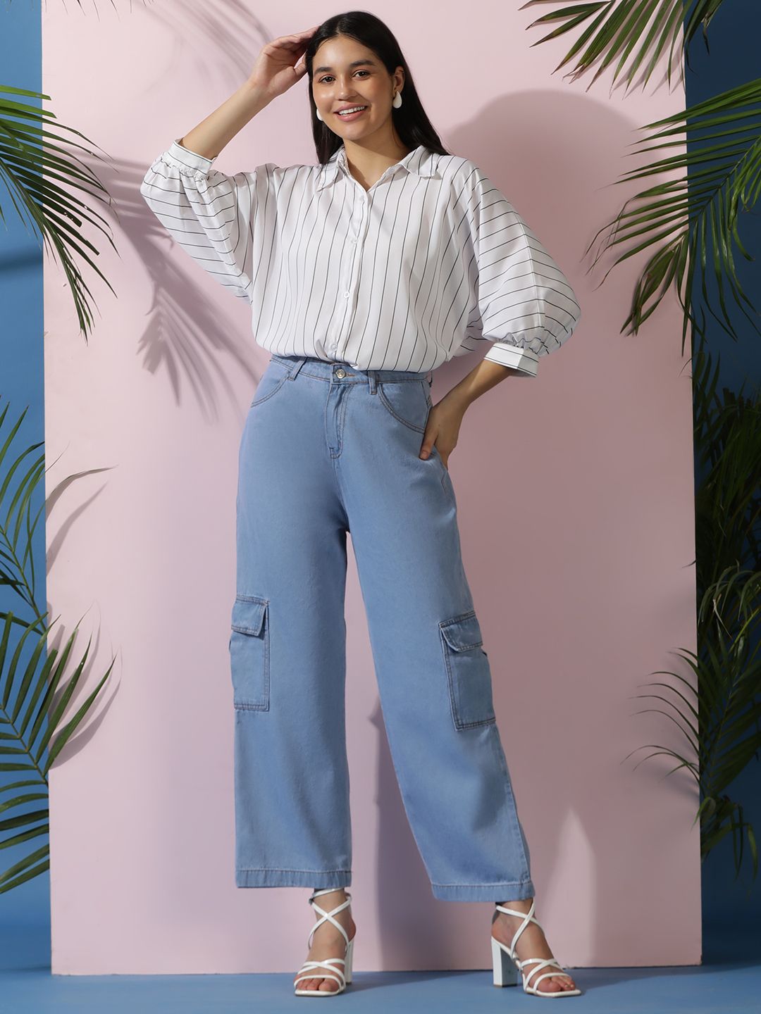 Kotty Women Comfort Spread Collar Vertical Striped Cotton Oversized Casual Shirt