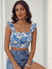 Kotty Top Denim Blue Women's Crop Shoulder-Straps Sleeveless