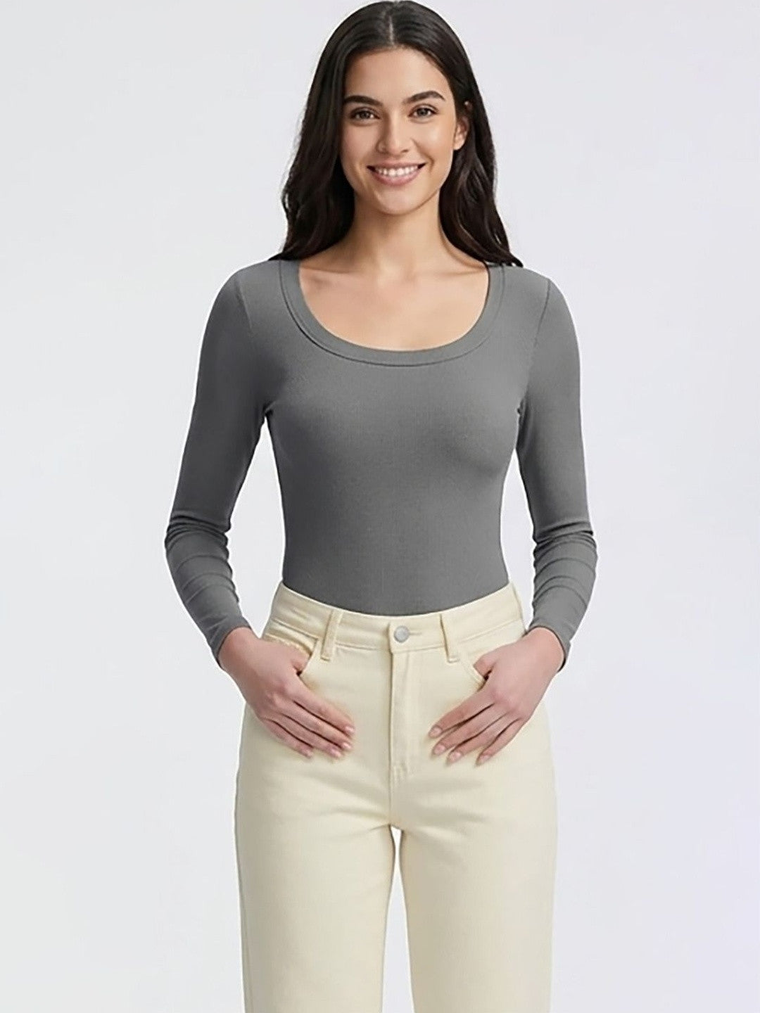Kotty Top Grey Women's Scoop Ribbed Regular-Sleeve Fashion