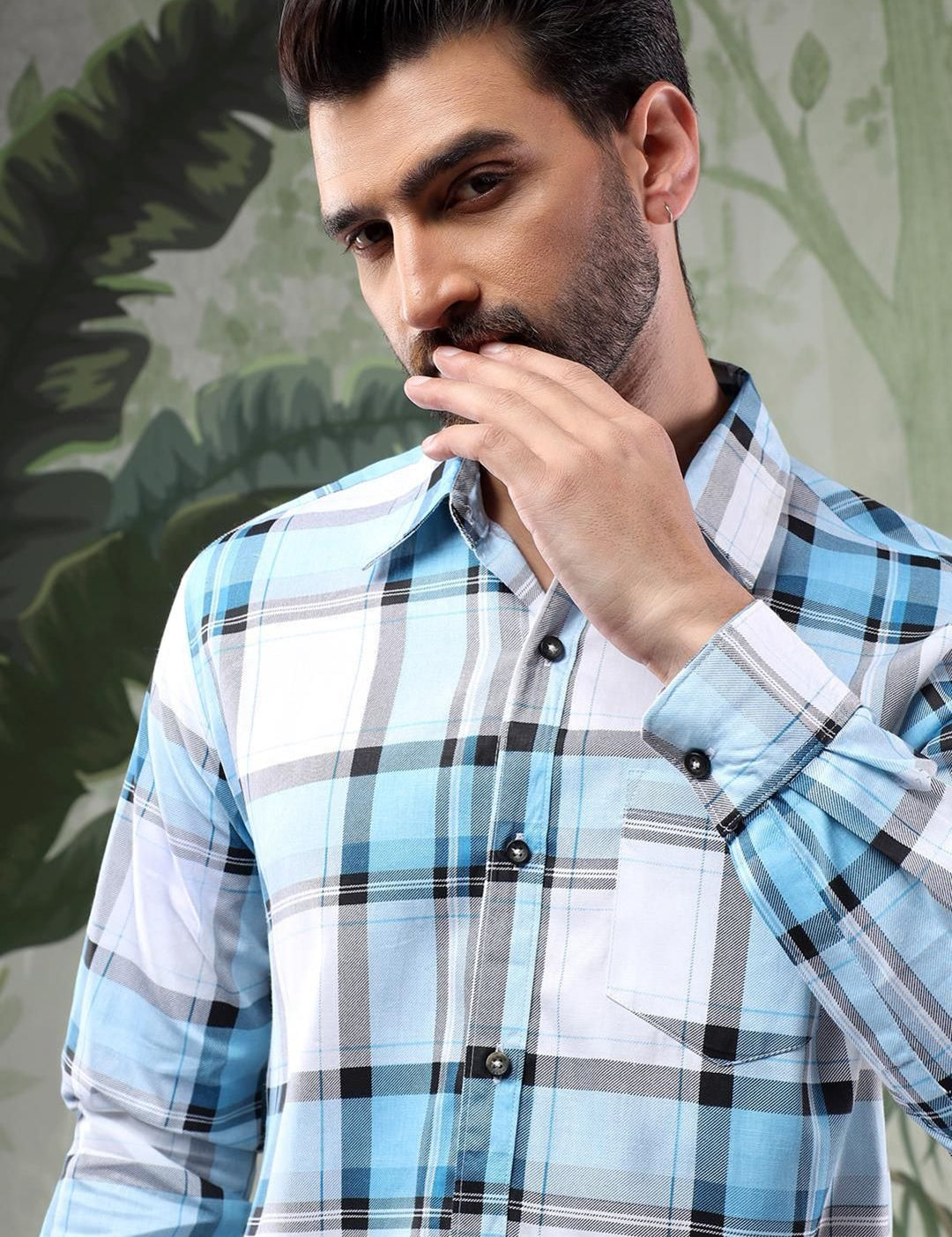 Kotty Men Spread Collar Tartan Checked Casual Shirt