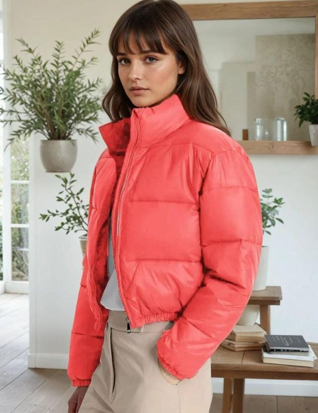 Kotty Women Stand Collar Solid Lightweight Puffer Jacket