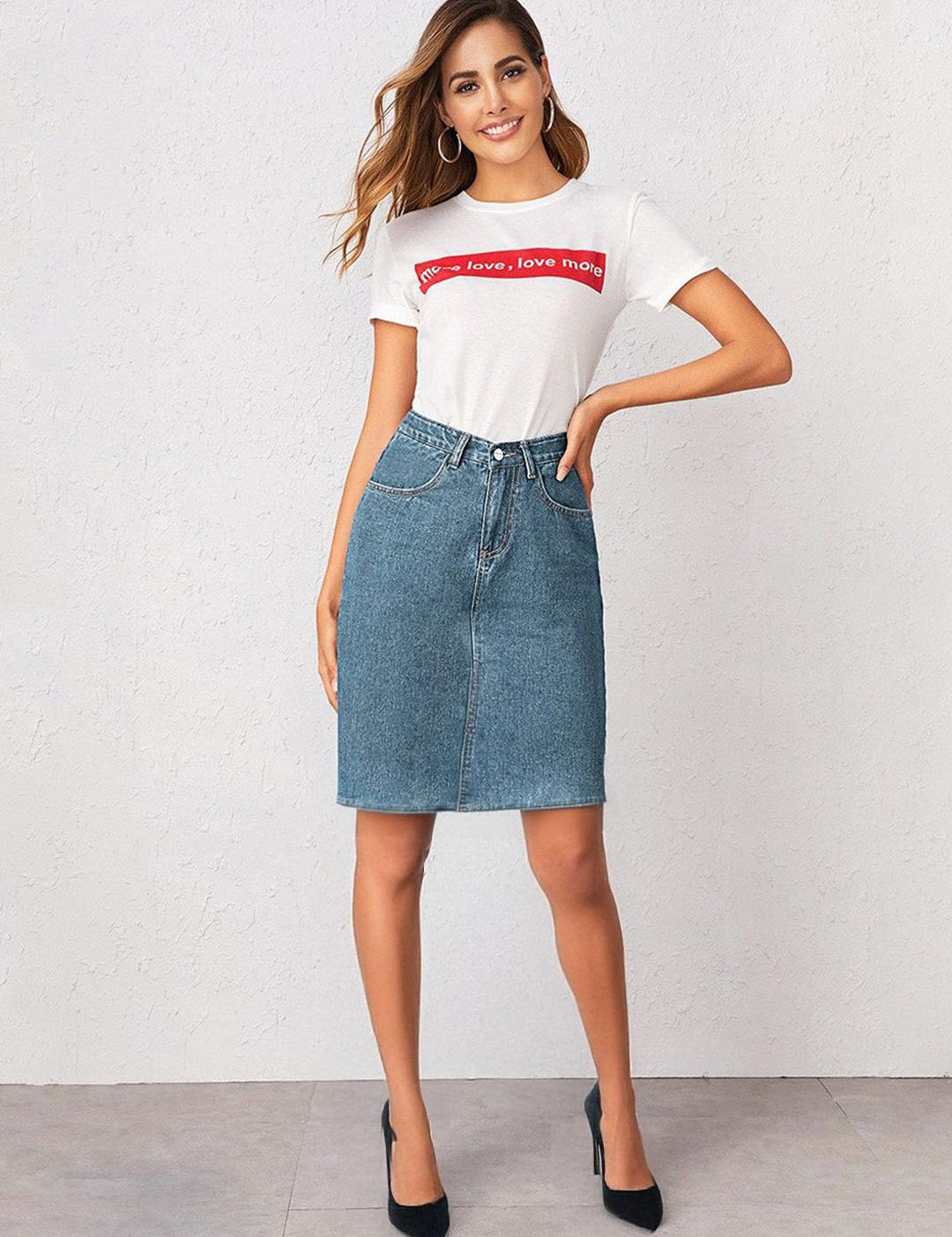 Kotty  Women Solid Denim Pencil Knee-Length Skirt
