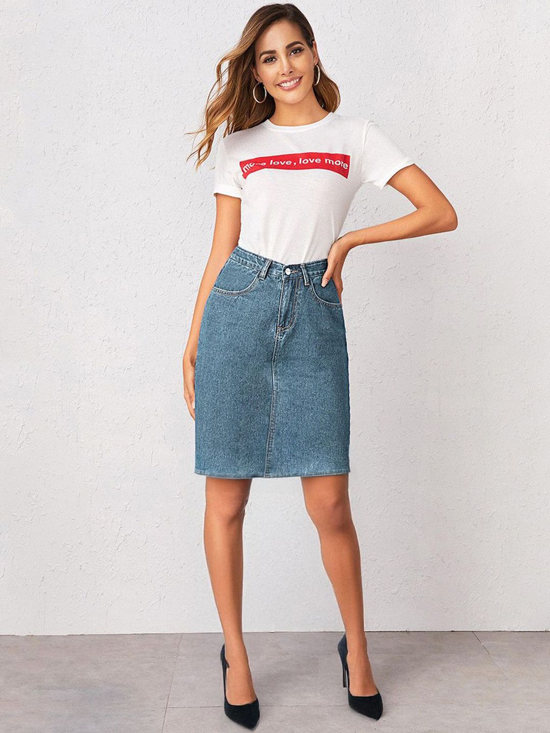 Kotty  Women Solid Denim Pencil Knee-Length Skirt