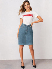 Kotty  Women Solid Denim Pencil Knee-Length Skirt