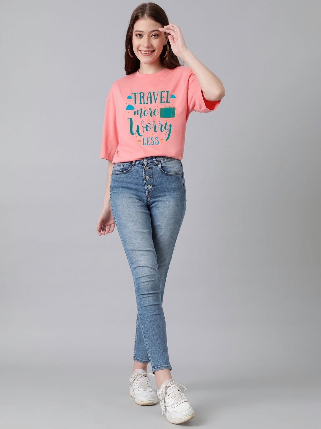 Kotty Women Typography Printed Drop-Shoulder Sleeves Regular Oversized Cotton T-shirt