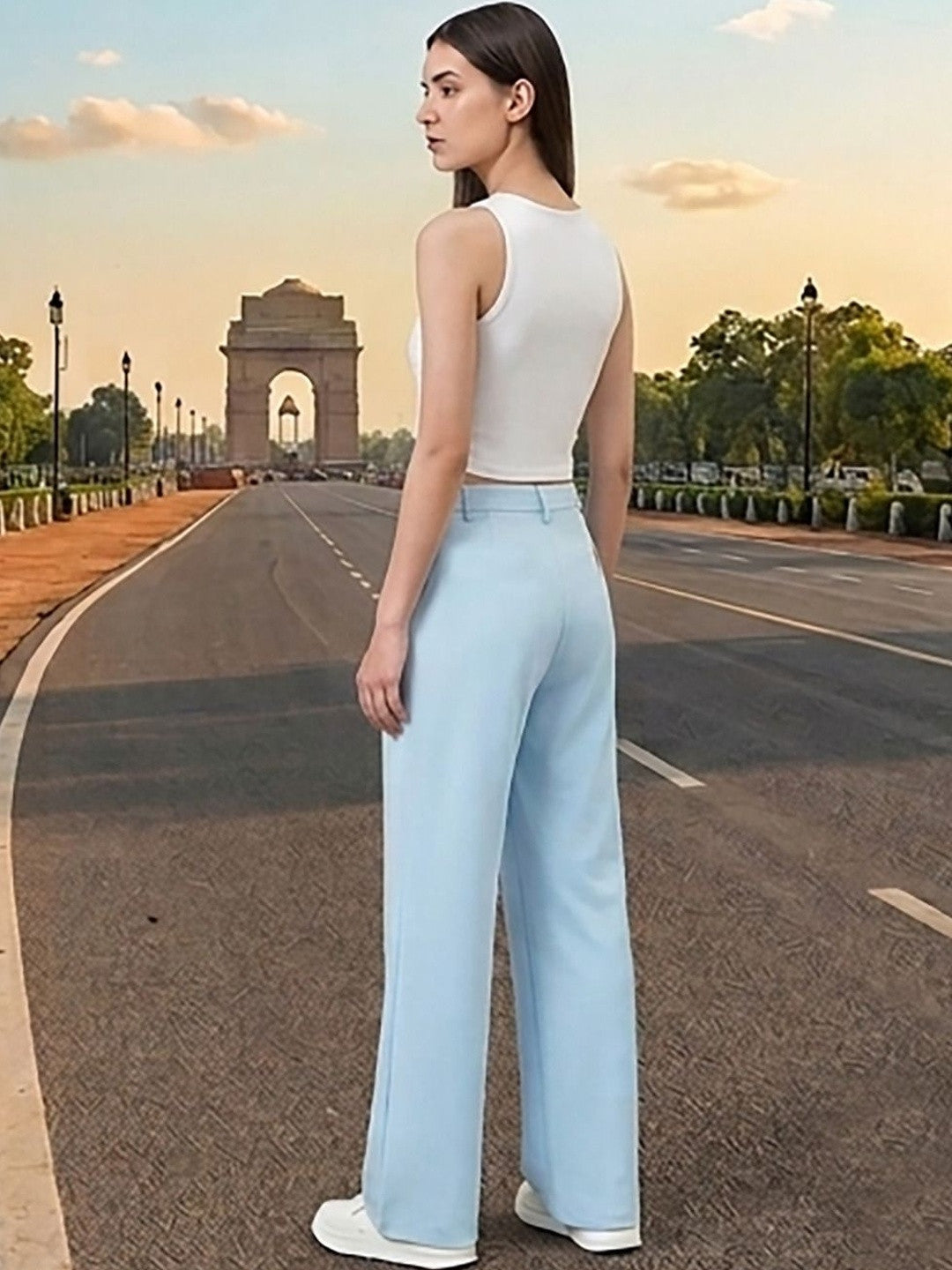 Blue Regular Fit High-Rise Trousers for Women – Chic Solid Design | Kotty