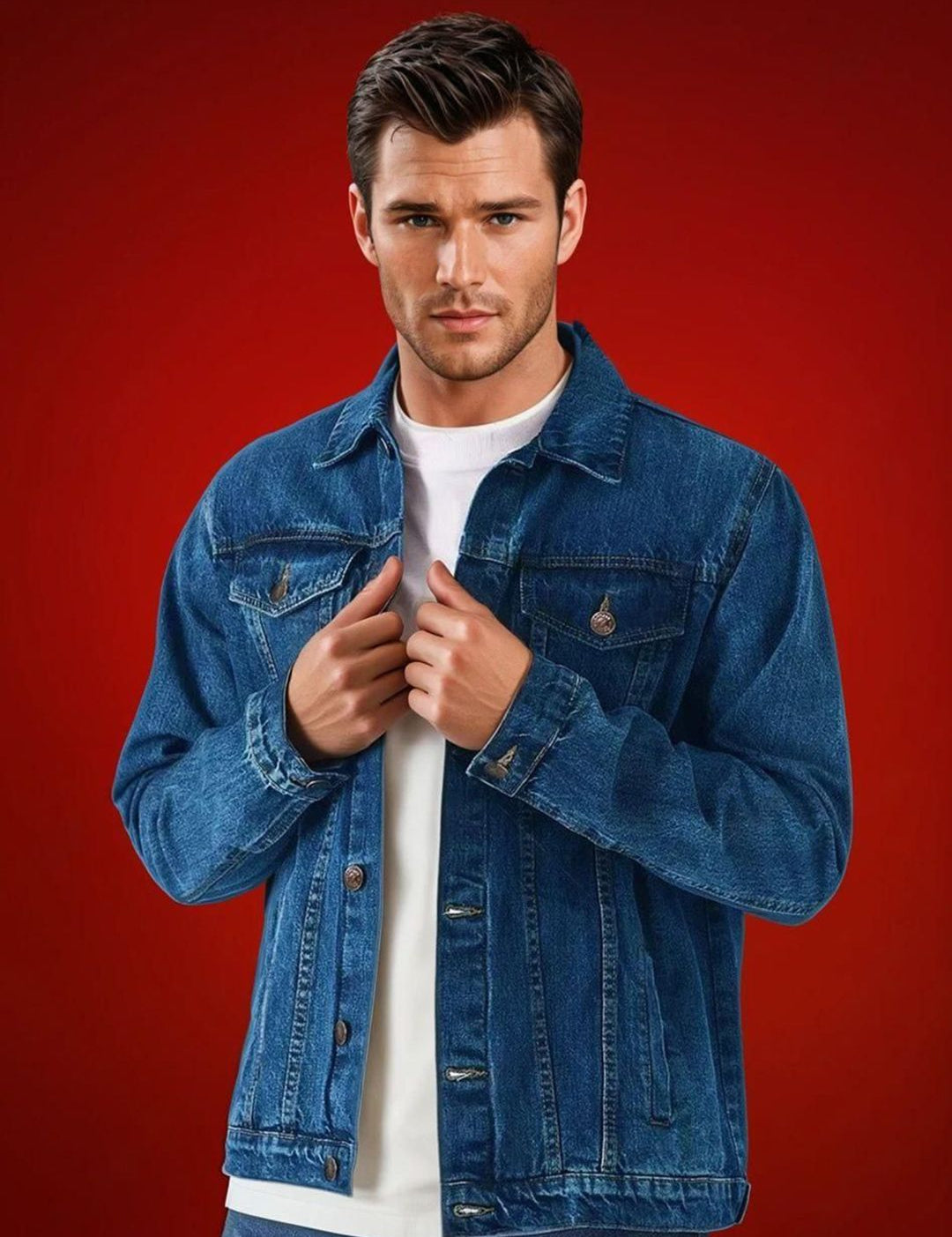 Kotty Men Spread Collar Solid Denim Jacket