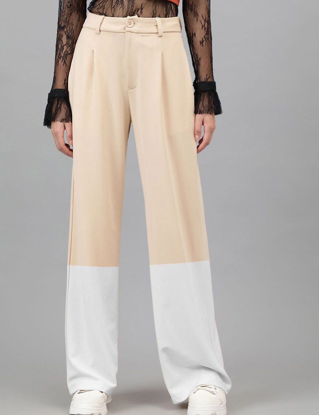 Kotty Women Colourblocked Relaxed Straight Leg Straight Fit High-Rise Easy Wash Trousers