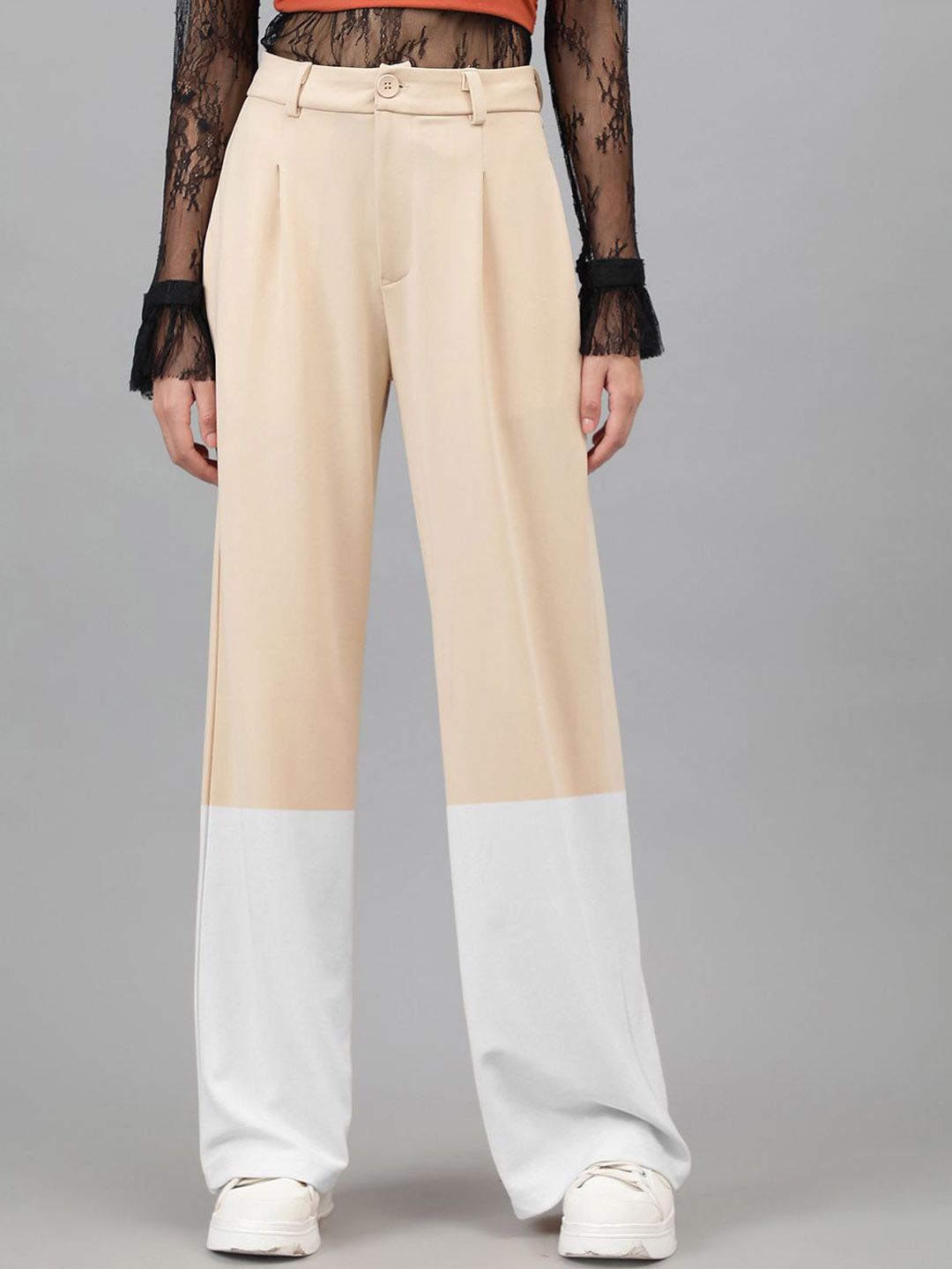 Kotty Women Colourblocked Relaxed Straight Leg Straight Fit High-Rise Easy Wash Trousers