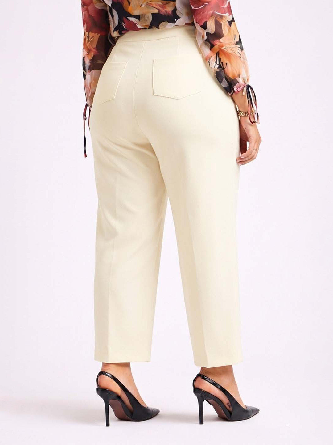 Beige Straight Fit High-Rise Trousers for Women | Kotty