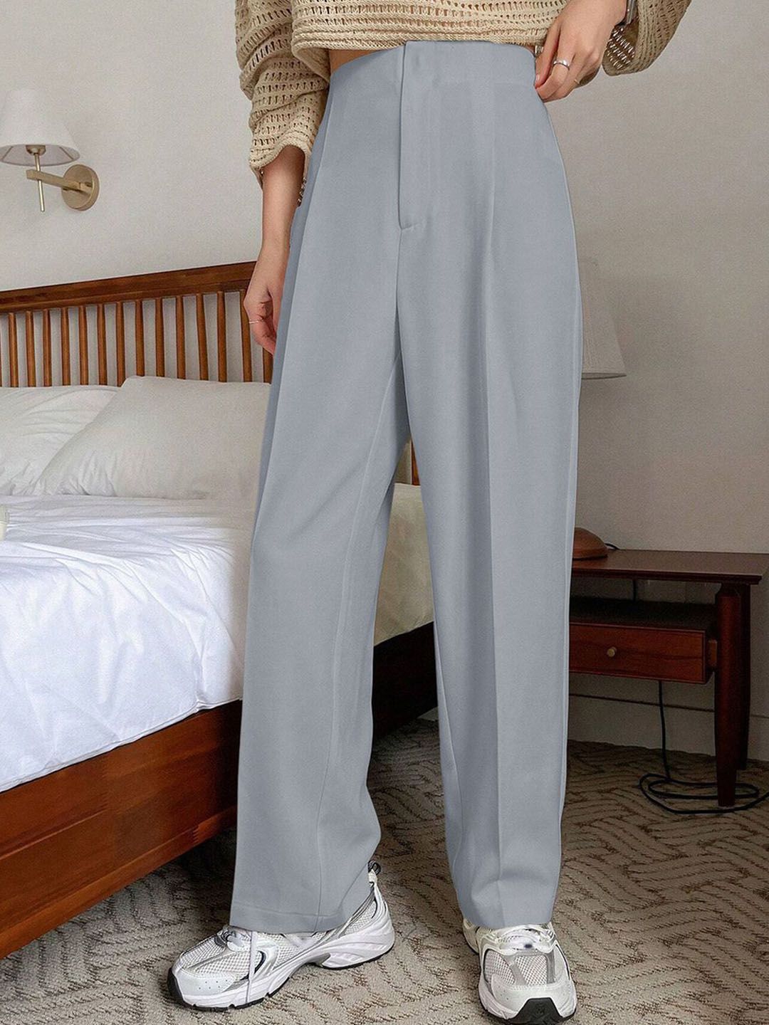 Kotty Women Relaxed Straight Leg Straight Fit High-Rise Cotton Pleated Formal Trousers