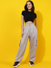 Kotty Women Relaxed Straight Leg Straight Fit High-Rise Easy Wash Pleated Cargos Trousers