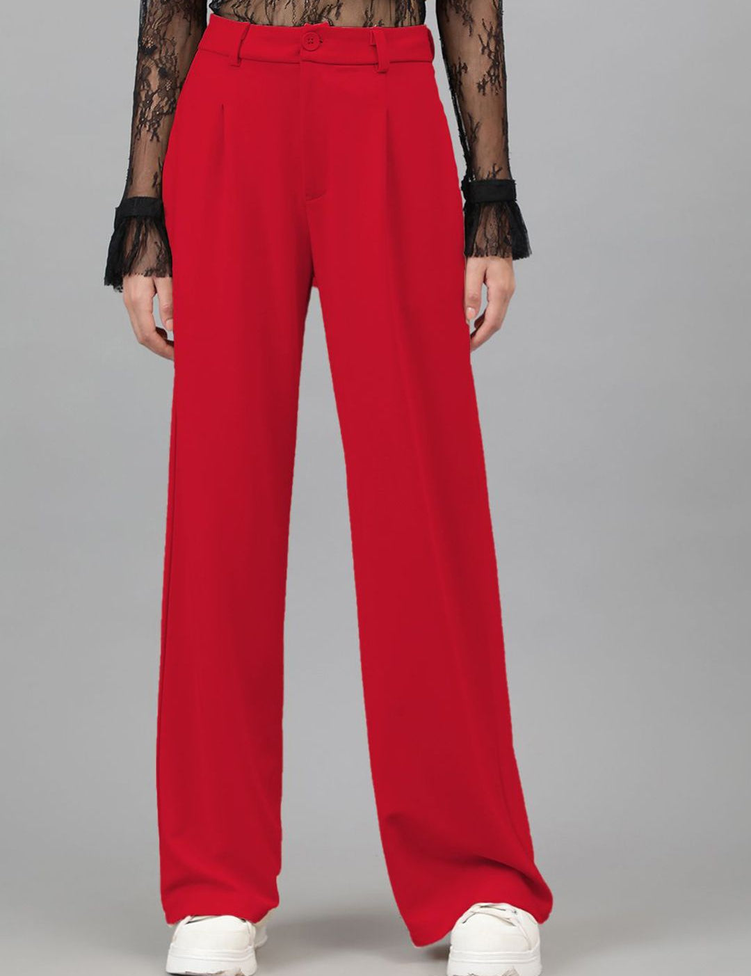 Kotty Women Relaxed Straight Leg Straight Fit High-Rise Easy Wash Pleated Trousers