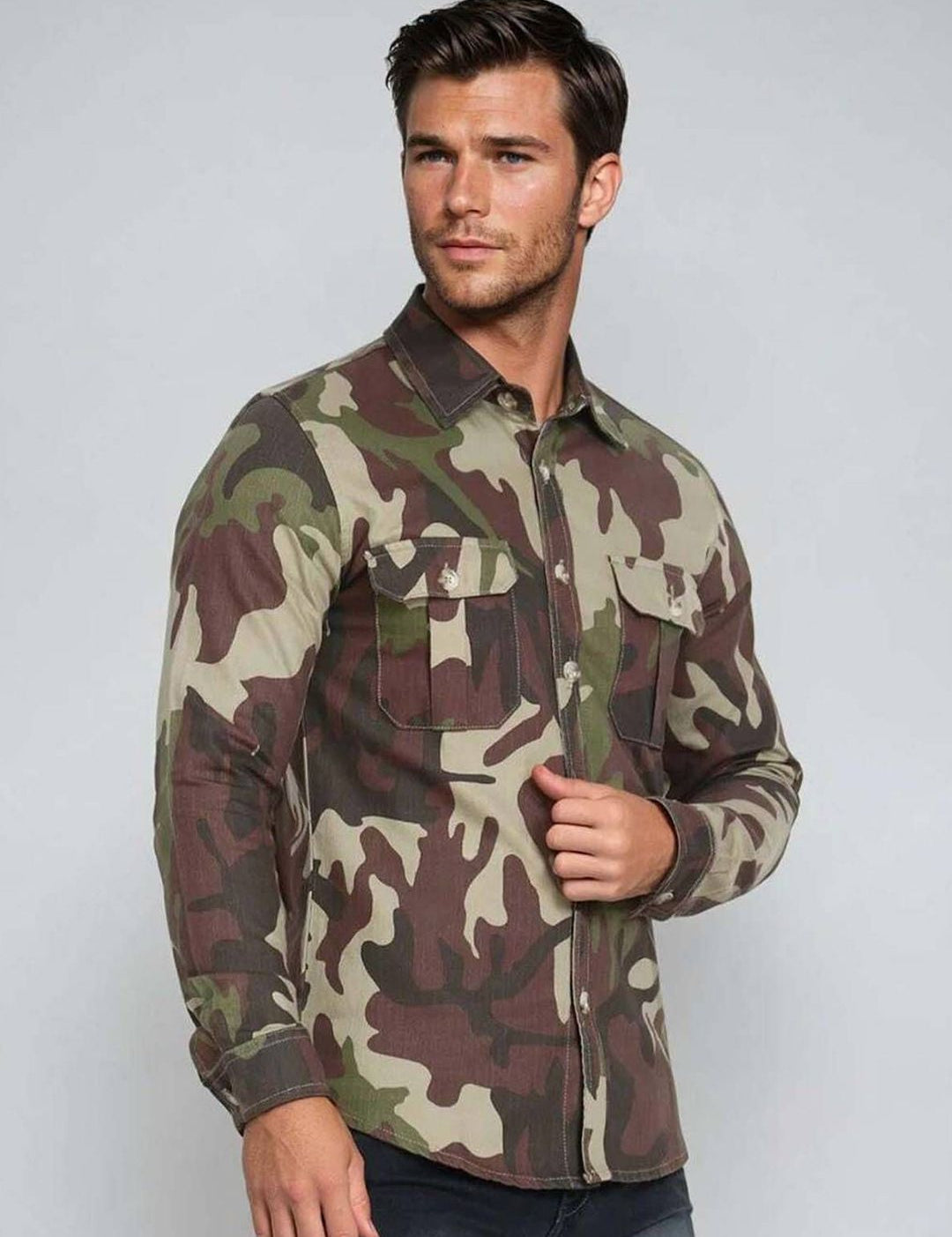 Kotty Men Spread Collar Camouflage Printed Denim Cotton Jacket