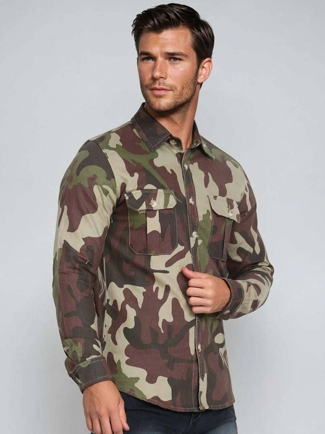 Kotty Men Spread Collar Camouflage Printed Denim Cotton Jacket