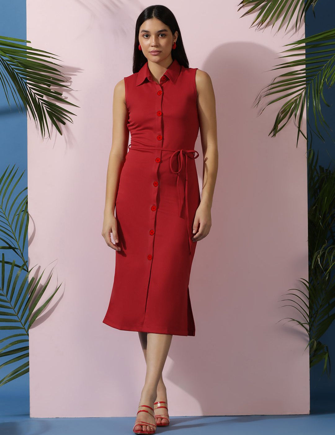 Kotty Women Solid Shirt Collar Sleeveless A-Line Dress