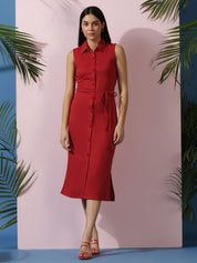 Kotty Women Solid Shirt Collar Sleeveless A-Line Dress