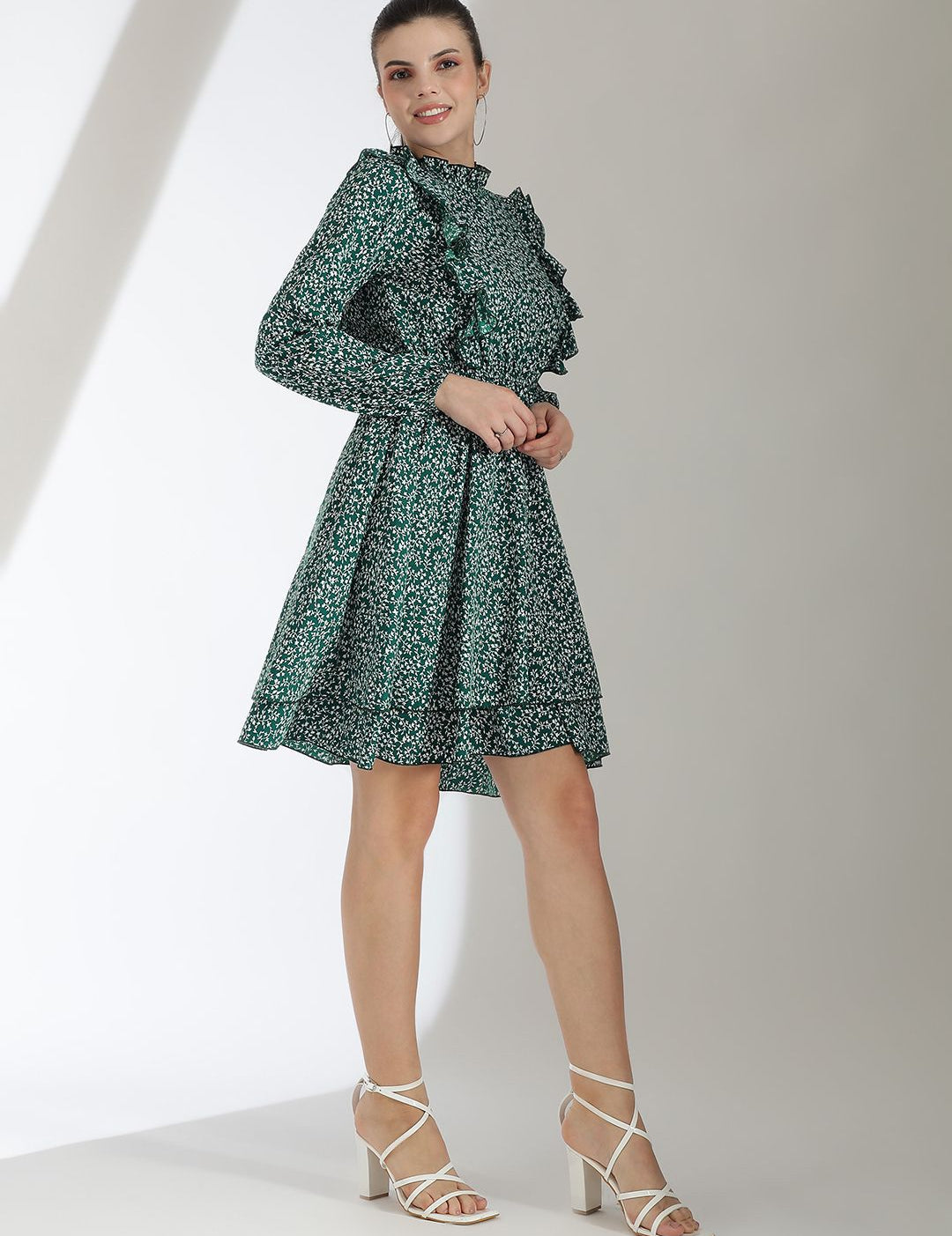 Kotty Floral Printed Bishop Sleeve Ruffled Fit & Flare Dress