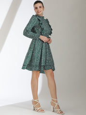Kotty Floral Printed Bishop Sleeve Ruffled Fit & Flare Dress