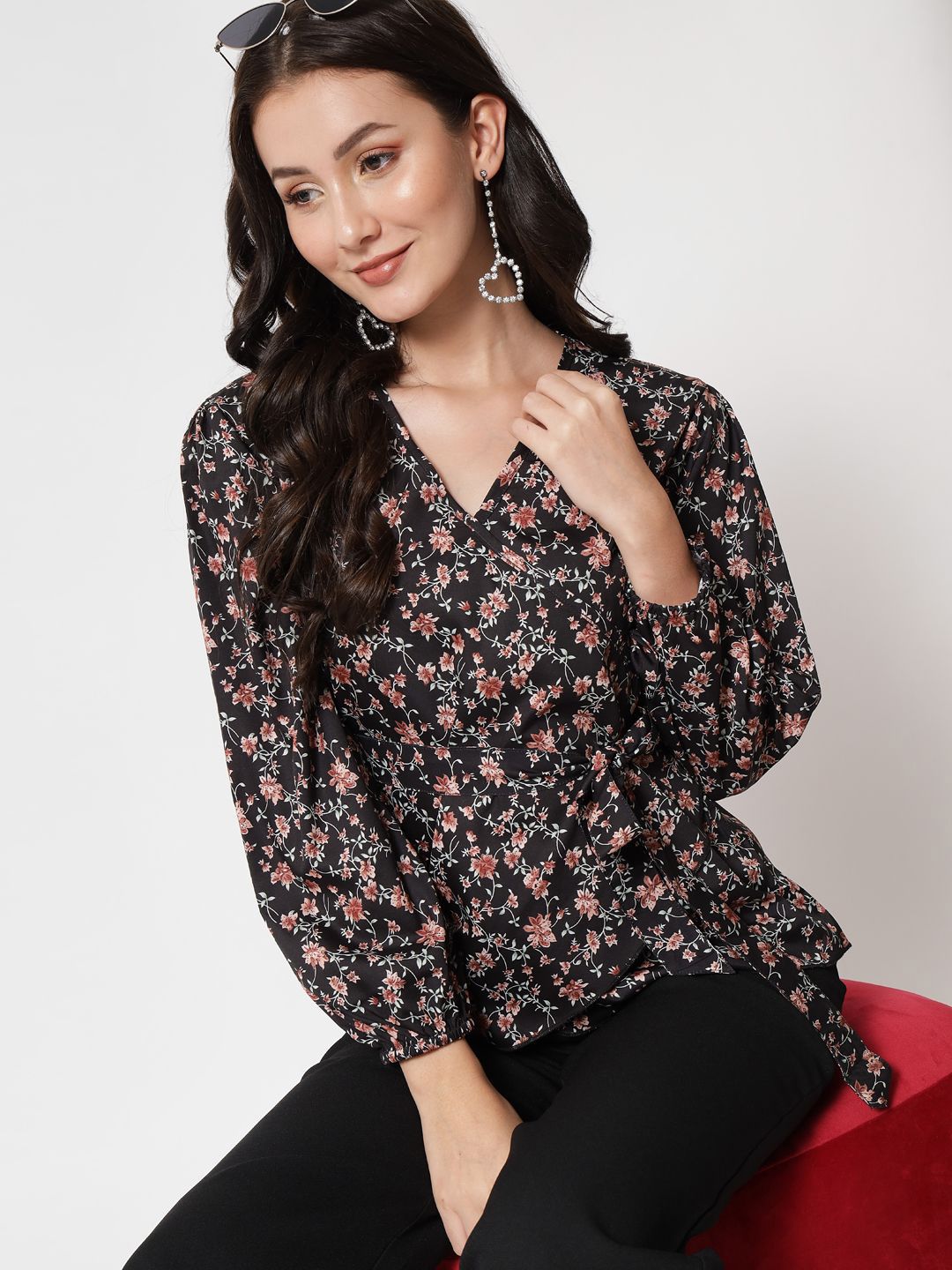 Kotty Women Floral Printed V-neck Wrap Top