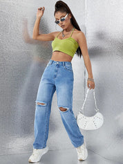 Kotty Women Cotton Straight Fit High-Rise Slash Knee Stretchable Casual Jeans