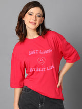 Kotty Cotton Typography Printed Drop-Shoulder Sleeves Oversized T-shirt