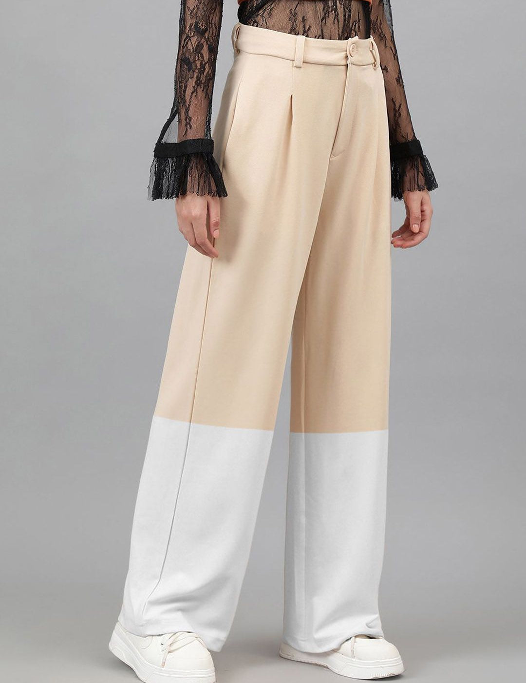 Kotty Women Colourblocked Relaxed Straight Leg Straight Fit High-Rise Easy Wash Trousers