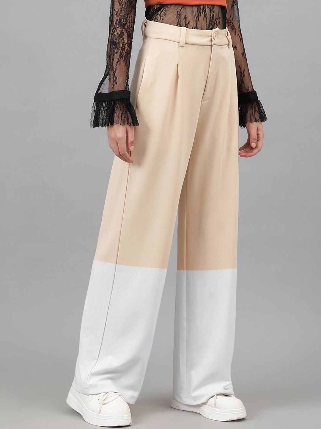 Kotty Women Colourblocked Relaxed Straight Leg Straight Fit High-Rise Easy Wash Trousers