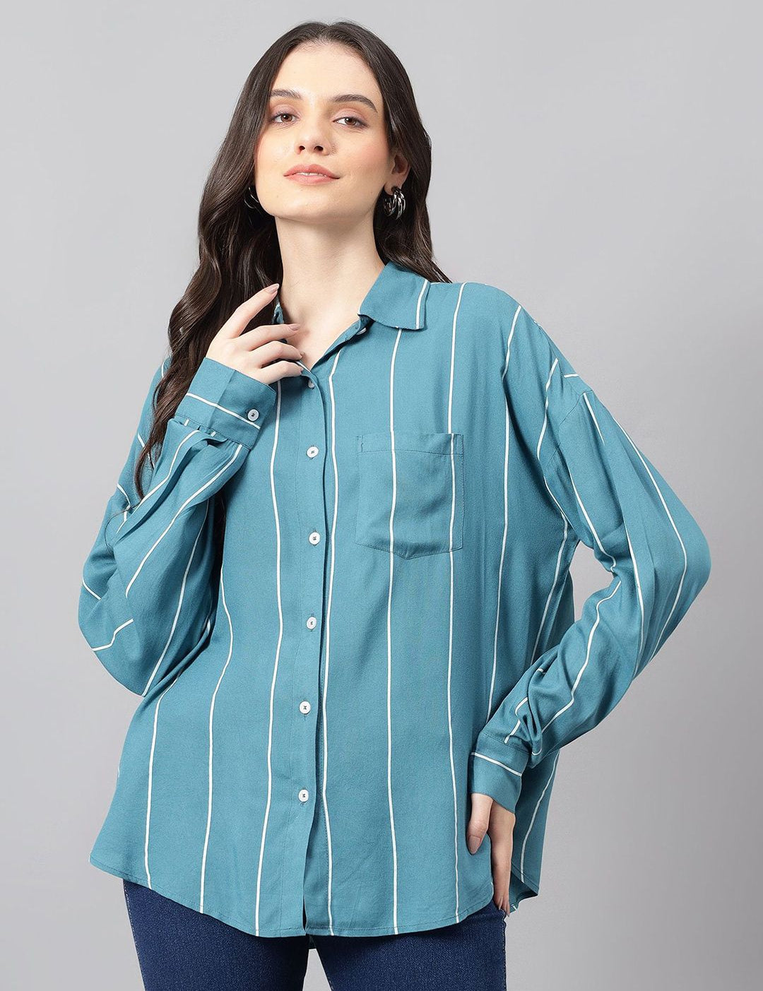 Kotty Women Comfort Spread Collar Vertical Striped Cotton Oversized Casual Shirt