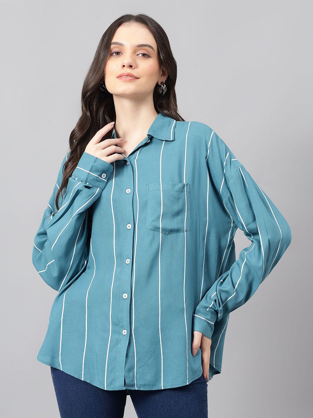 Kotty Women Comfort Spread Collar Vertical Striped Cotton Oversized Casual Shirt