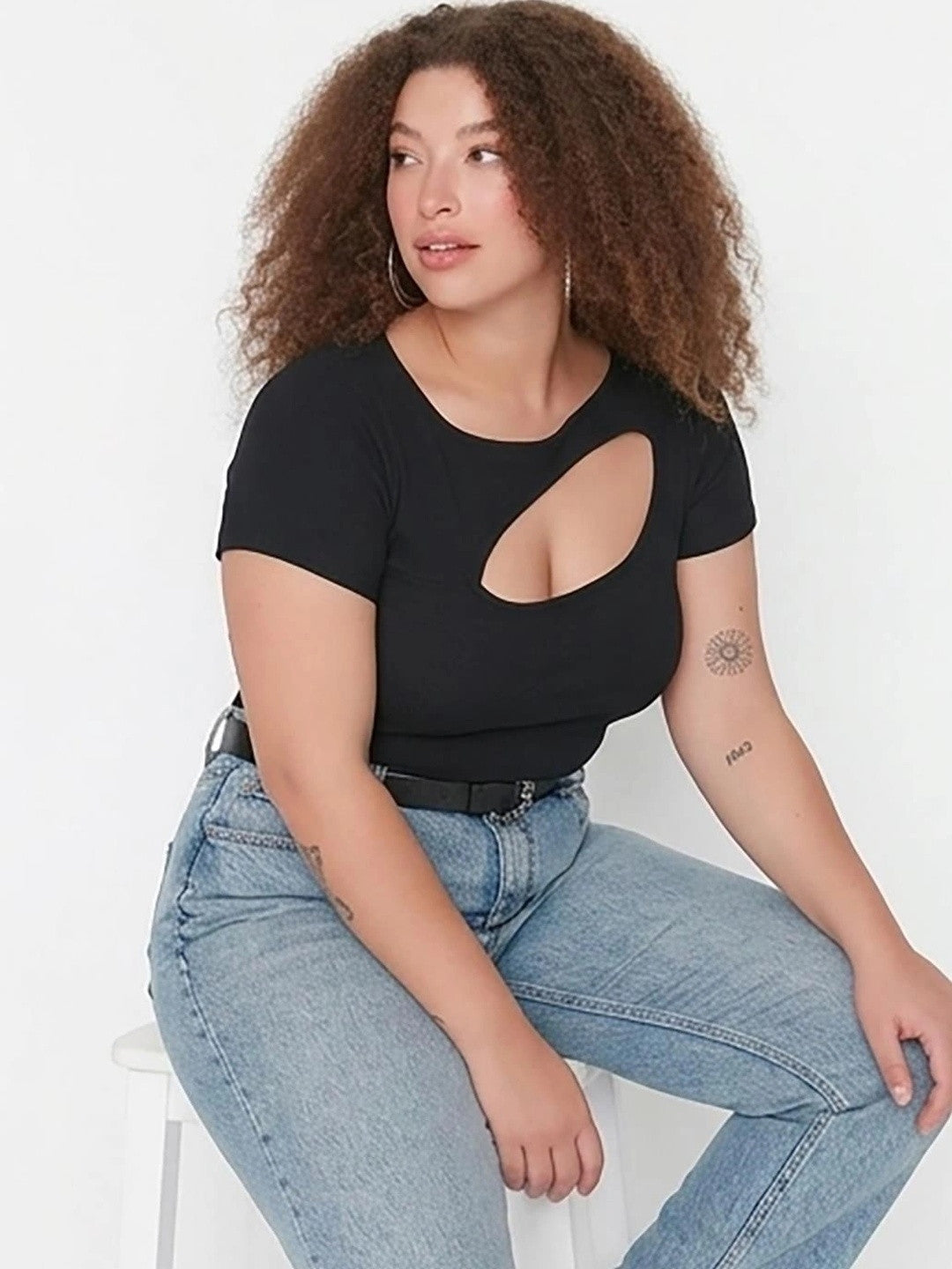 Kotty Women's Jet Black Round Neck Short Sleeve Top | Everyday Casual Wear