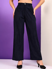 Kotty Women Relaxed Straight Leg Straight Fit High-Rise Corduroy Pleated Trousers