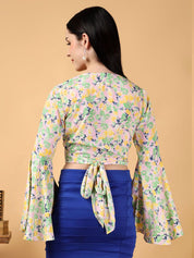 Kotty Floral Print Bell Sleeve Crepe Wrap Crop Top