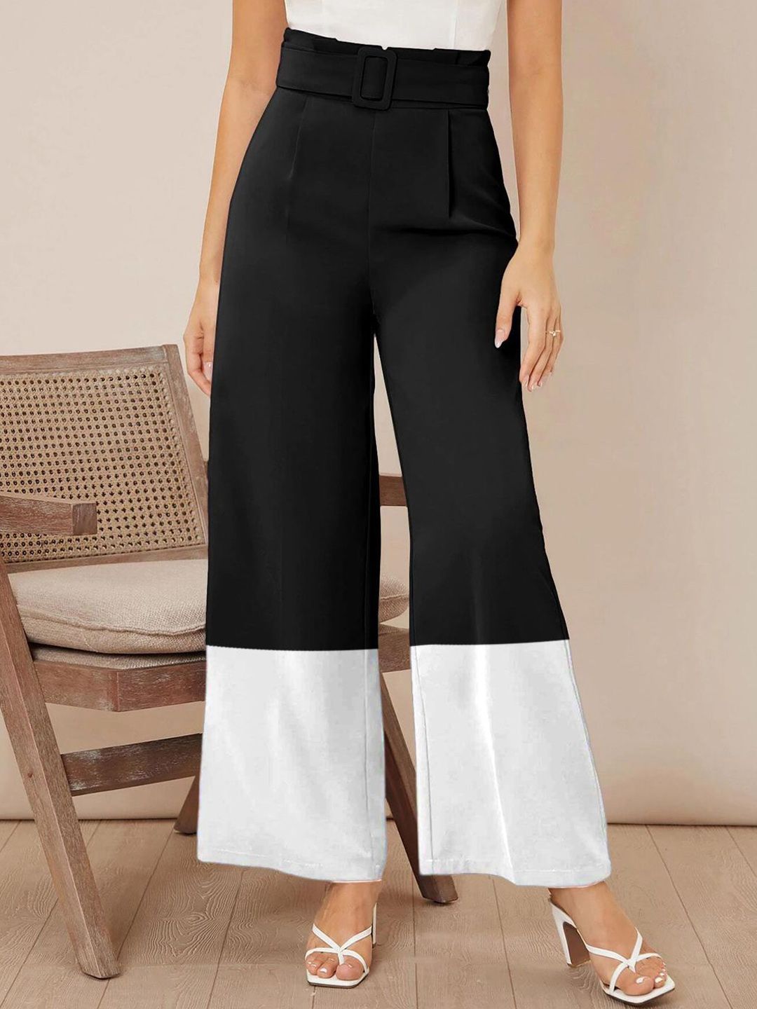 Kotty Women Solid Colourblocked High-Rise Easy Wash Trousers