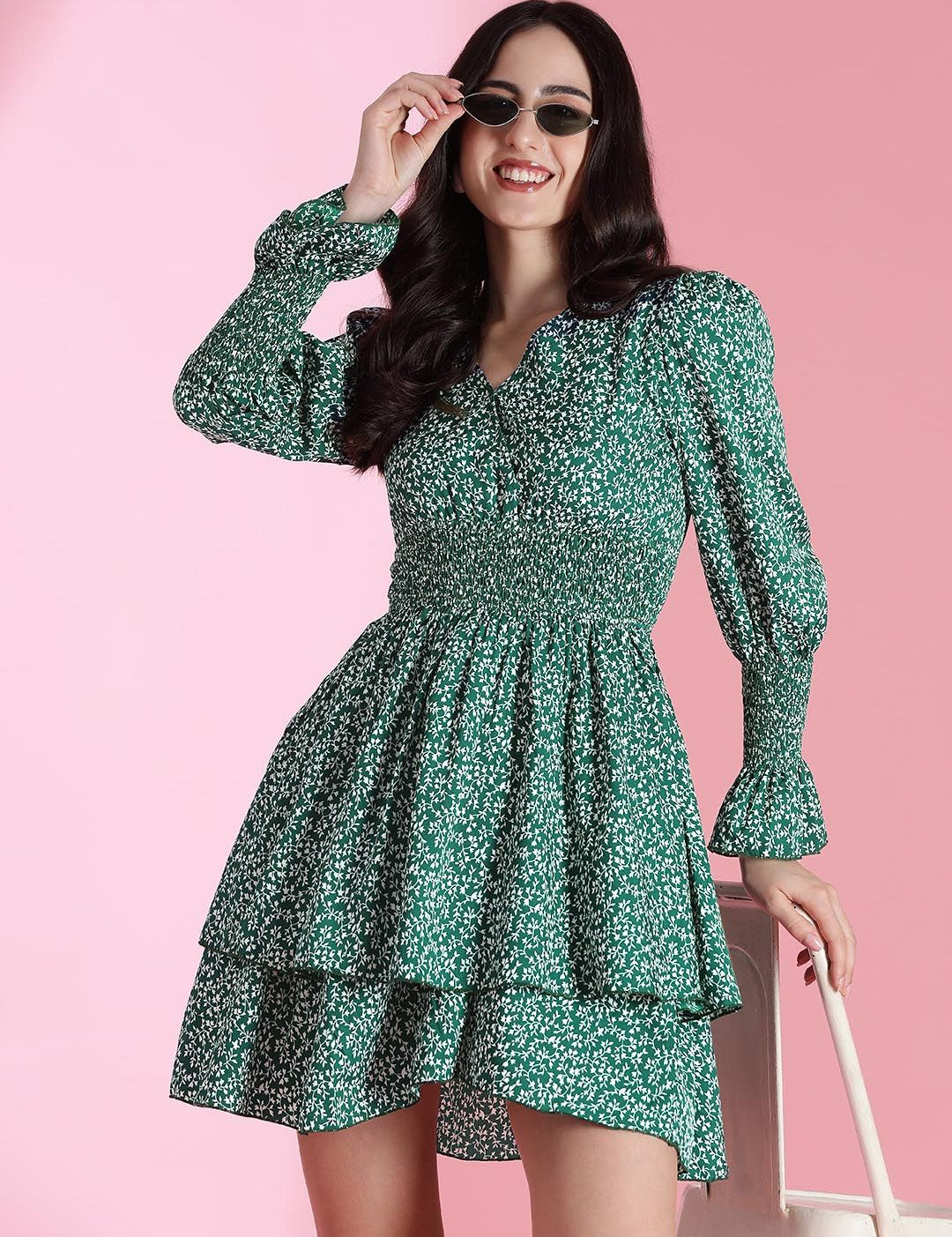 Kotty Women PrintedBishop Sleeve Crepe Fit & Flare Mini Dress