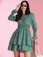 Kotty Women PrintedBishop Sleeve Crepe Fit & Flare Mini Dress