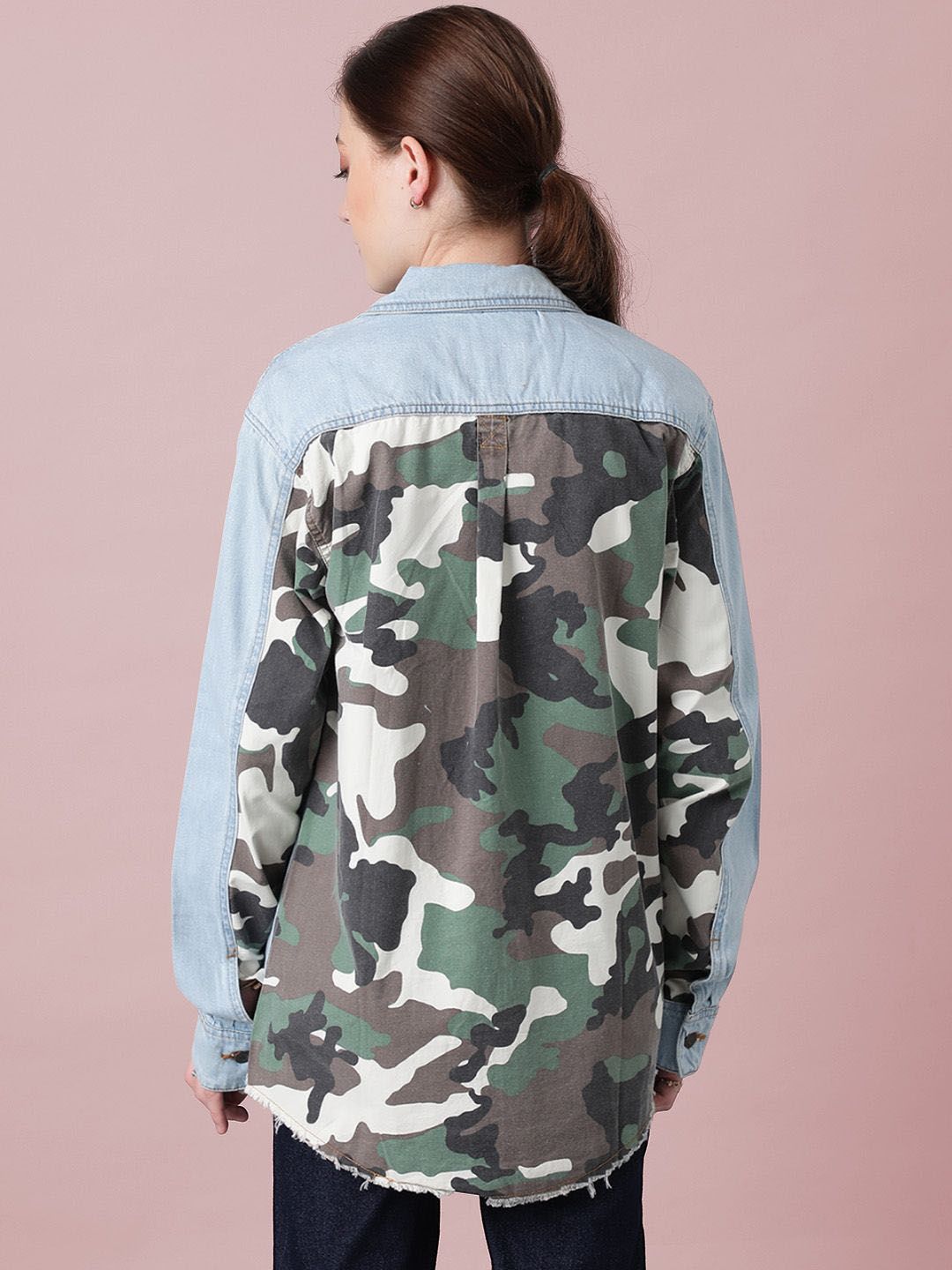 Kotty Women Spread Collar Camouflage Printed Cotton Casual Denim Jacket