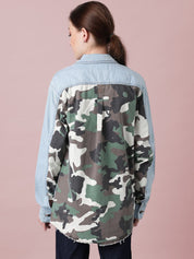 Kotty Women Spread Collar Camouflage Printed Cotton Casual Denim Jacket