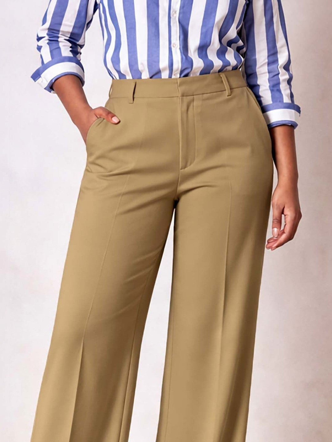 Khaki Wide Leg High-Rise Pants for Women – Chic Solid Design | Kotty