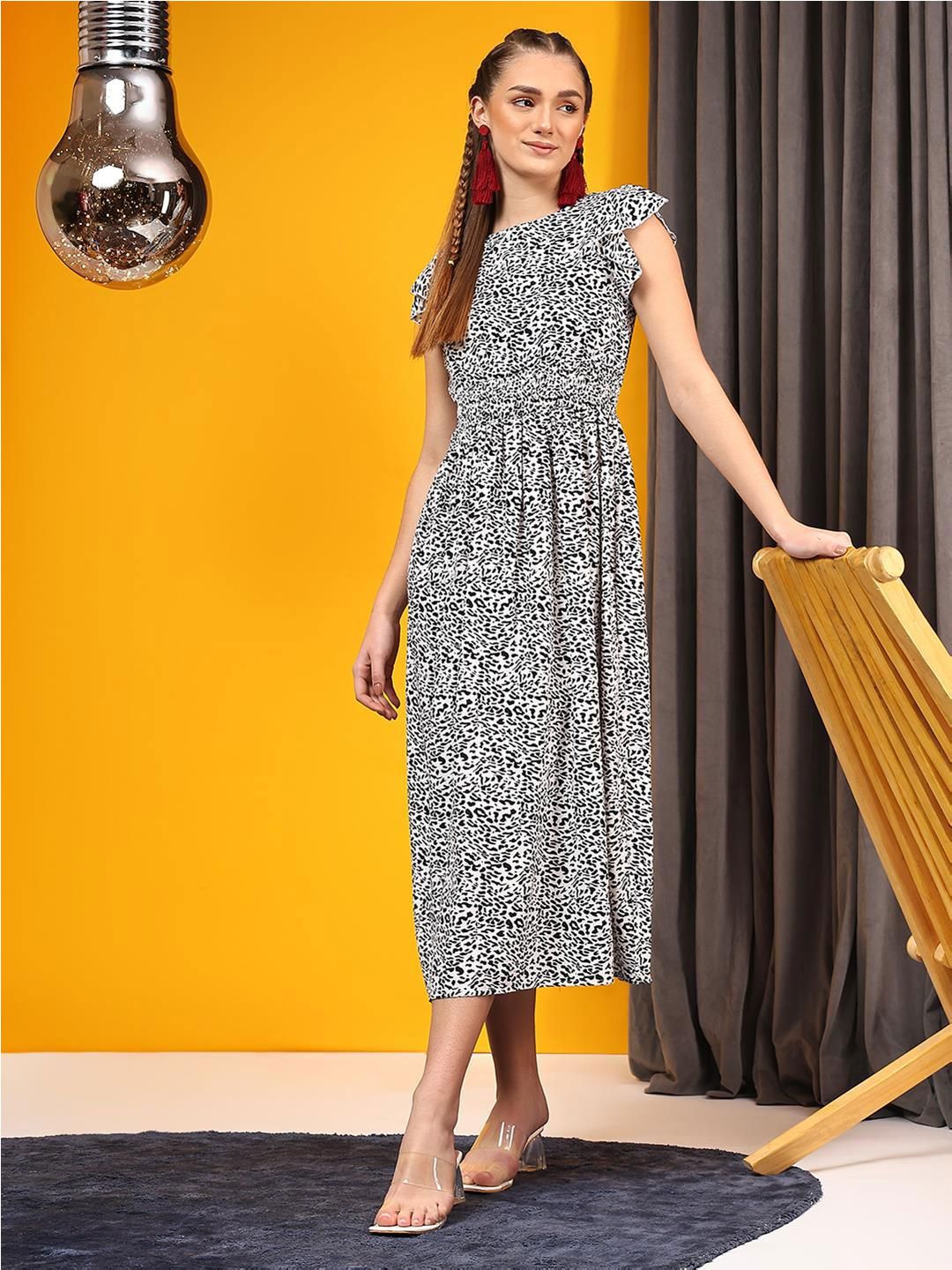 Kotty Animal Printed Crepe Fit & Flare Midi Dress