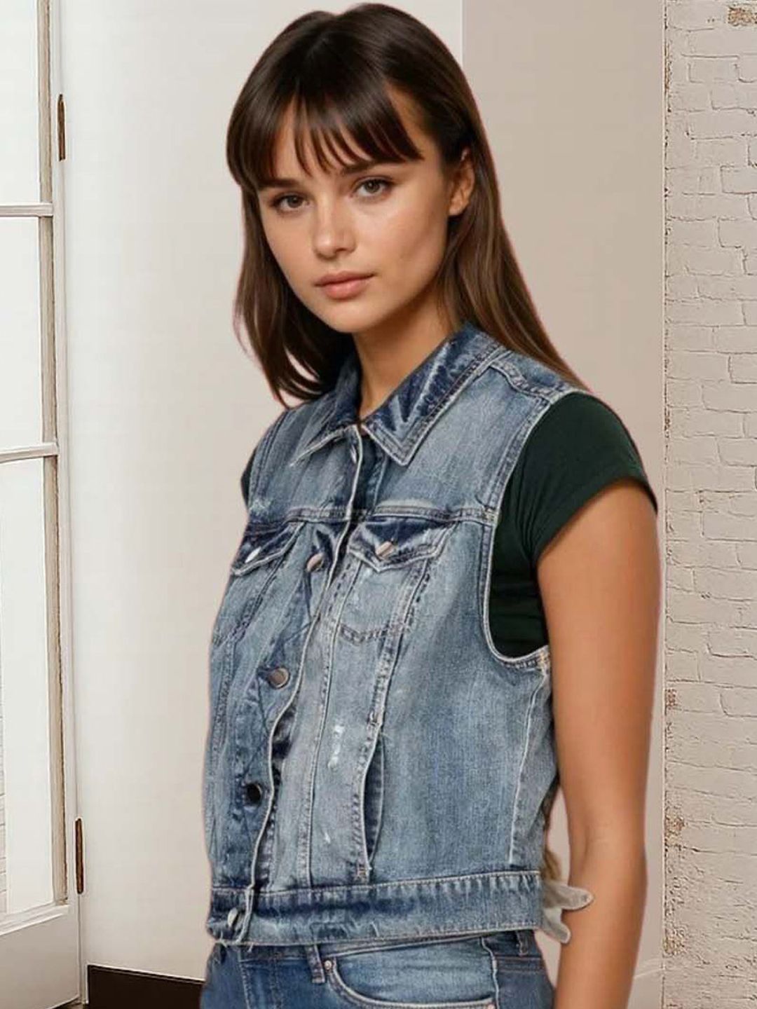 Kotty Women Spread Collar Solid Denim Jacket
