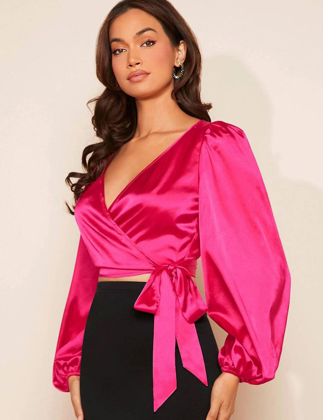 Kotty Women Bishop Sleeves Satin Wrap Top