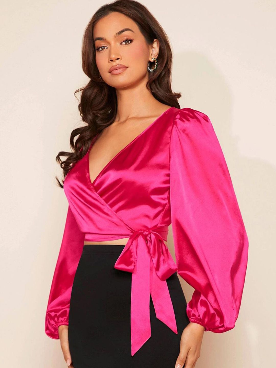 Kotty Women Bishop Sleeves Satin Wrap Top