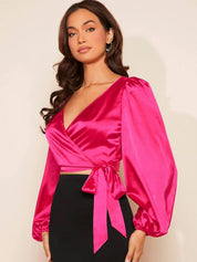 Kotty Women Bishop Sleeves Satin Wrap Top