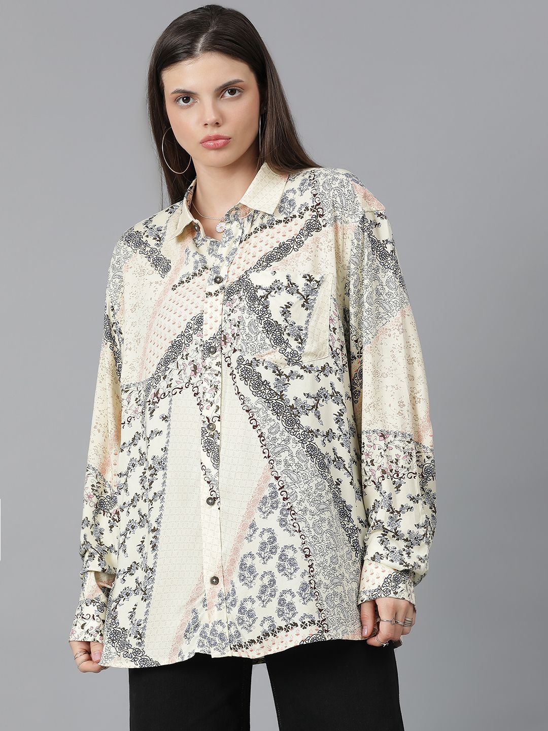 Kotty Women Spread Collar Floral Printed Cotton Oversized Casual Shirt