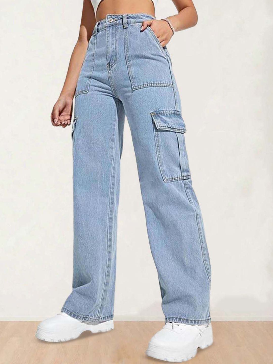 Kotty Women Regular Fit High-Rise Stretchable Cotton Cargo Jeans