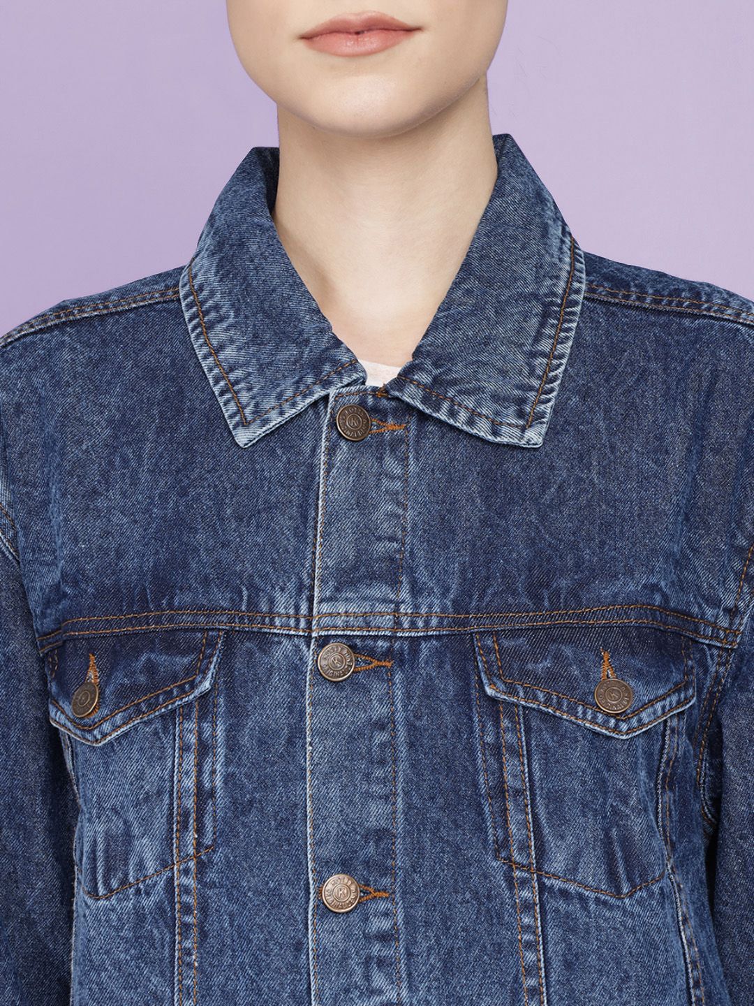 Kotty Women Spread Collar Washed Self Design Cotton Casual Denim Jacket