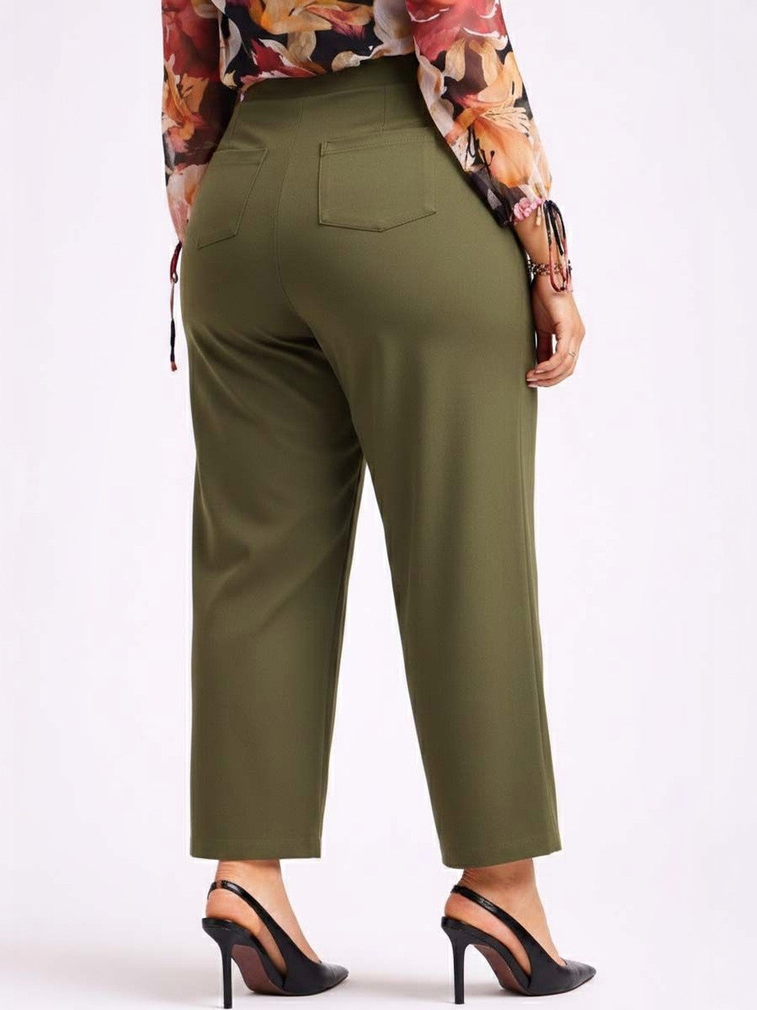 Green Straight Fit High-Rise Trousers for Women | Kotty