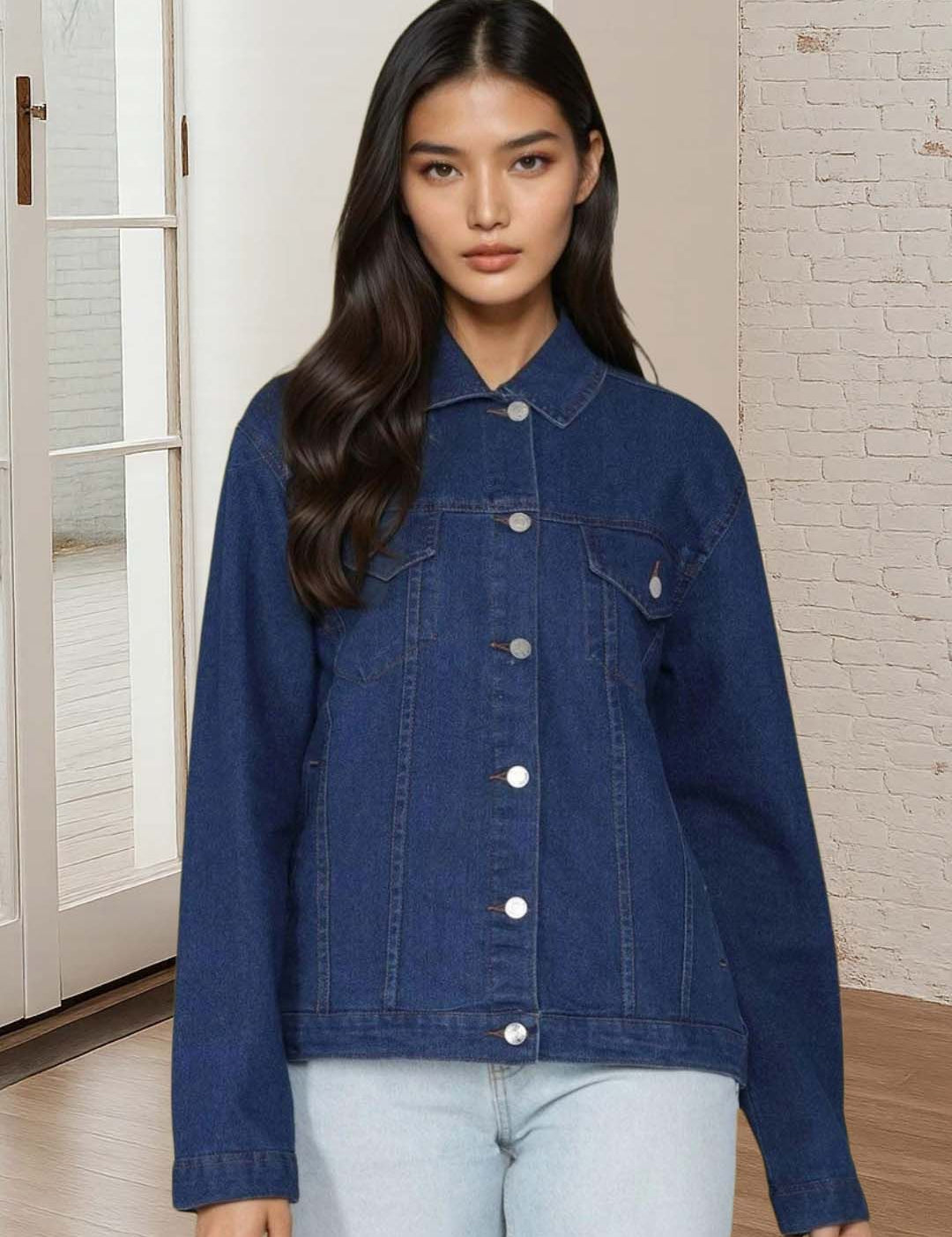 Kotty Women Spread Collar Solid Denim Jacket